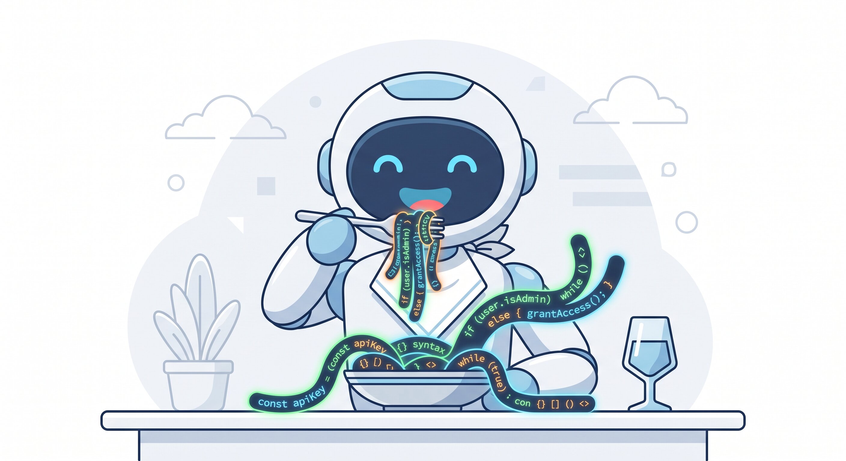 Robot eating code in the form of spaghetti ribbons