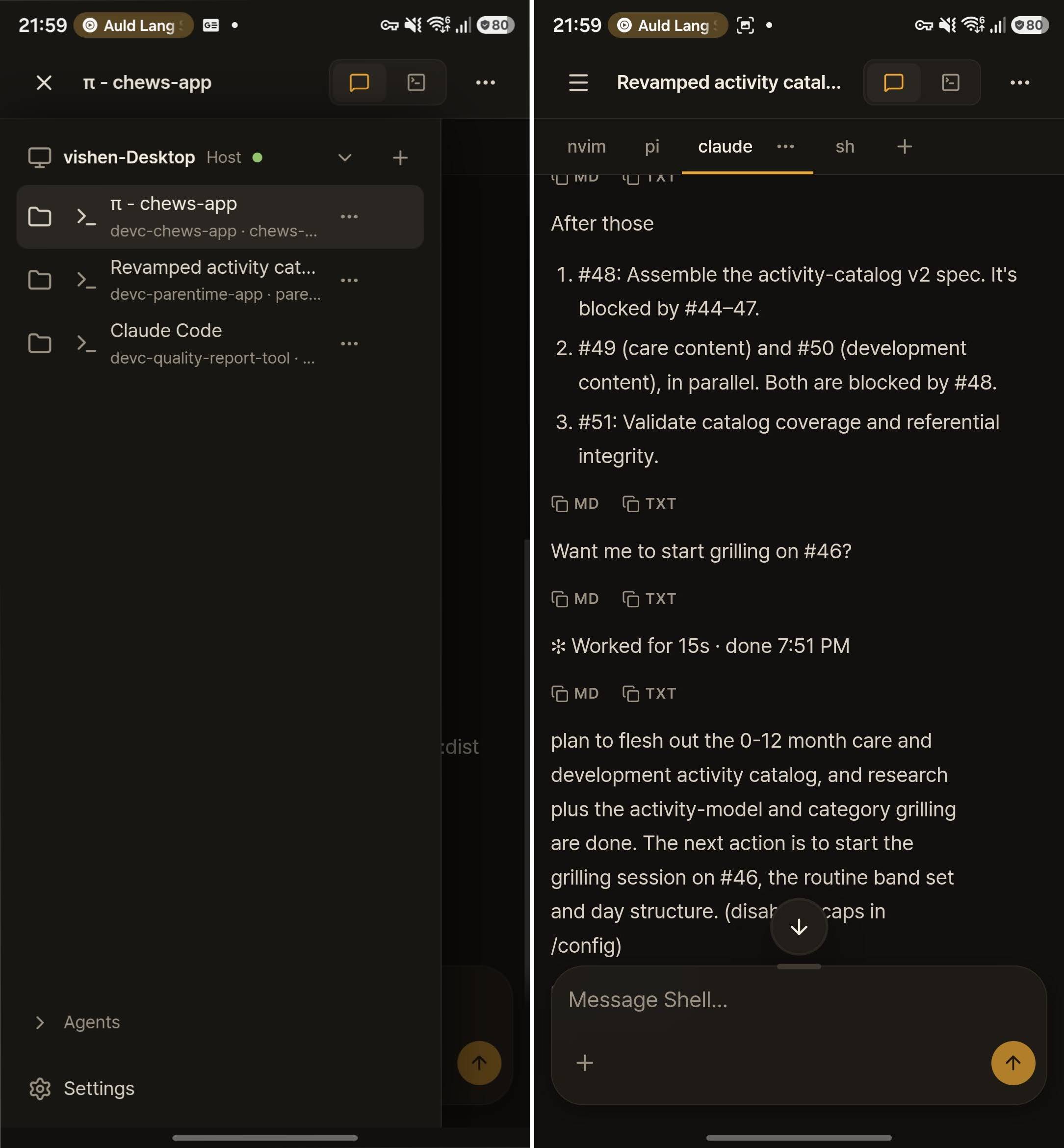 Coding agents running in a terminal on a desktop PC, accessed from a phone